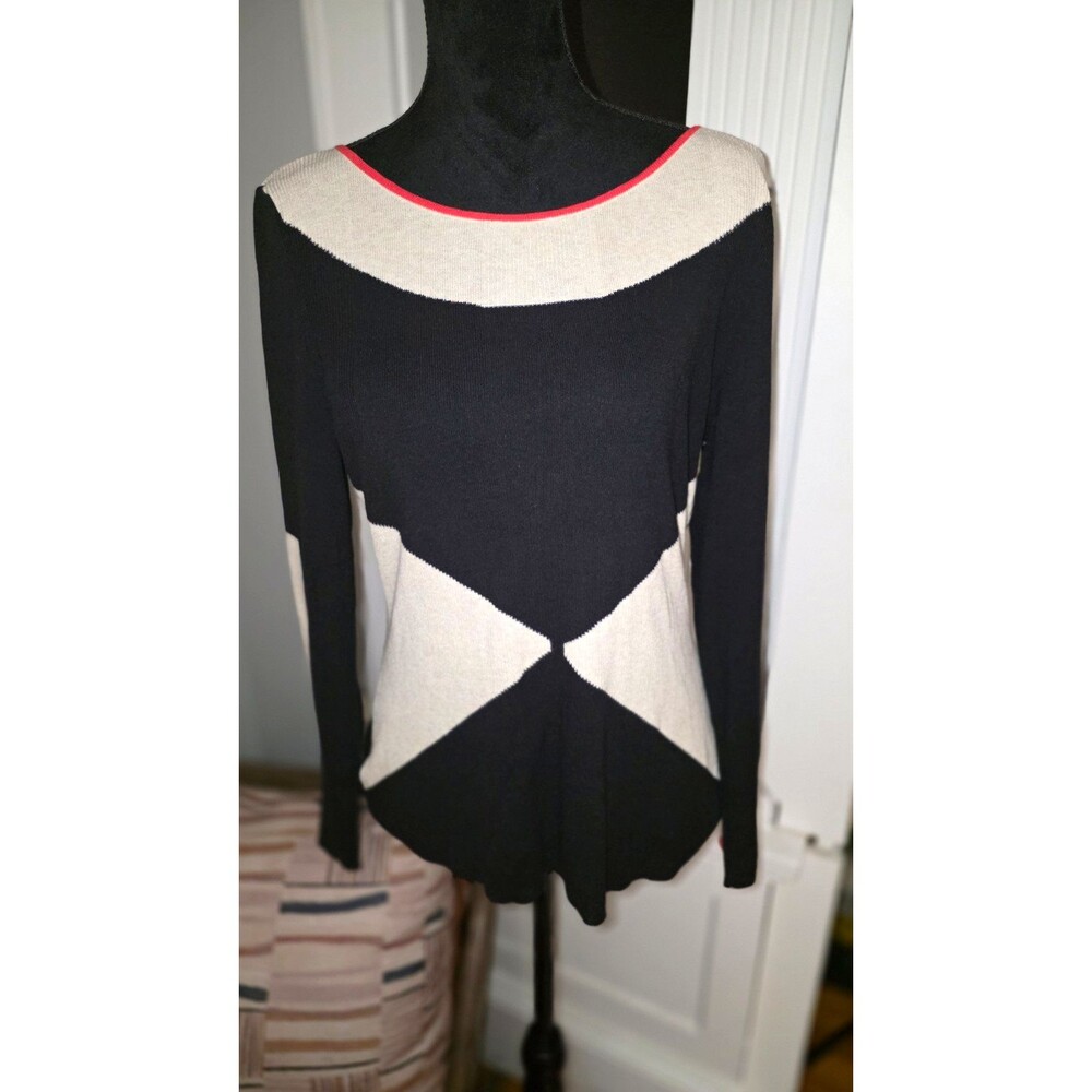 NIC+ZOE Women’s Black Ivory Red Geometric Knit Scoop Neck Pullover Sweater L